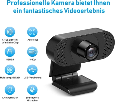 Webcam mit Mikrofon, Ehome Webcam 1080P für Laptop, Desktop, USB 2.0 Plug & Play, Webcam pc,Automatischer Lichtkorrektur für Live-Streaming, Videoanrufe, Online-Unterricht, Konferenz, Spielen